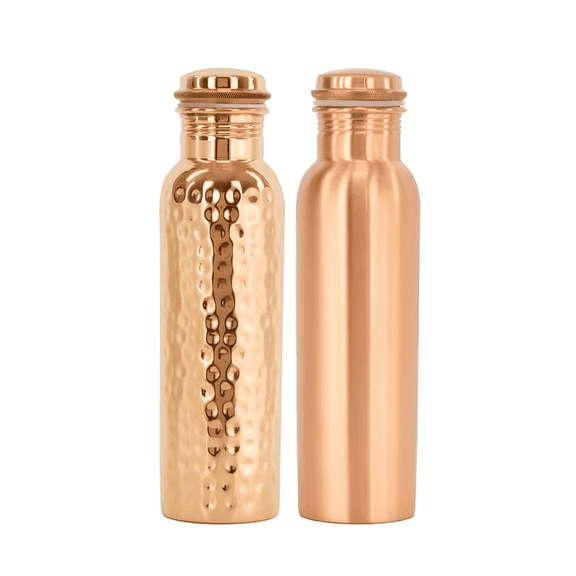 100% Pure Copper Water Bottle Set Of 2 Hammered Ayurvedic Health Eco Friendly