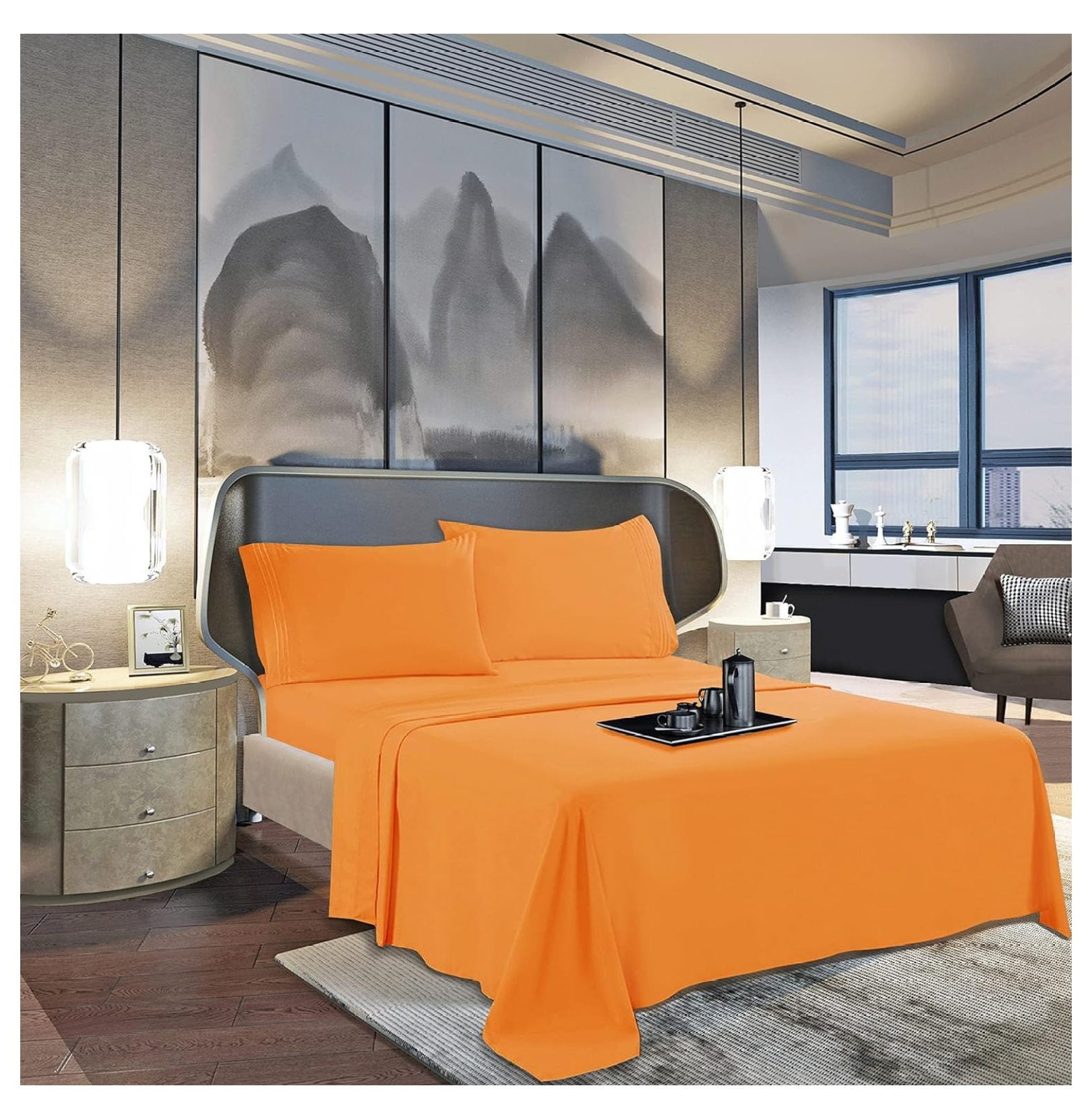 100 Pure Cotton 800 Thread Count Sheets Full XL Size, Orange, 4 Pieces