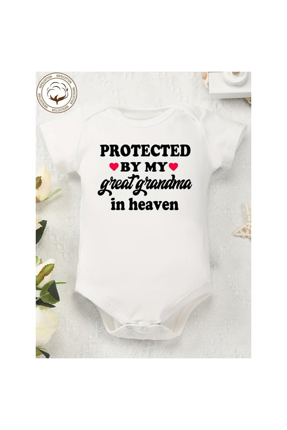 100% Pure Cotton Baby Onesies - Soft Round Neck Bodysuit with "Protected By My Great Grandma in Heaven" Letter Print, Casual Jumpsuit (Grandma' Over You), Perfect for Outdoor