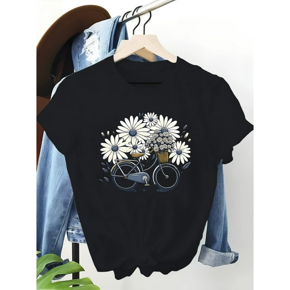 100% Pure Cotton, Bicycle Pattern Printed Round-neck Short-sleeved Women's T-shirt, Cool, Breathable And Comfortable T-shirt In Summer, Suitable for Outings, Camping And Festival Gifts