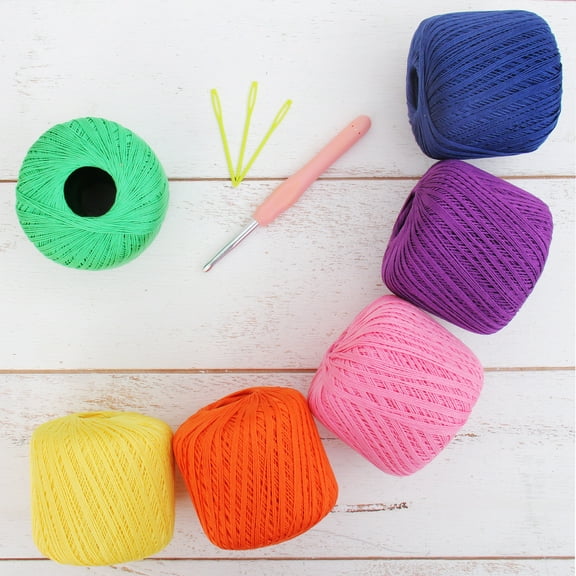 100% Pure Cotton Crochet Thread Set by Threadart - Size 10 - Rainbow Colors - Six 50g Balls