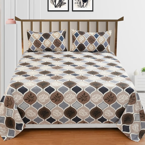100% Pure Cotton Double Bedsheet With 2 Pillow Covers - 90 X 90 Inches, Brown & White | Soft, Breathable & Skin-Friendly Fade Resistant Double Bedsheet