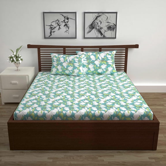100% Pure Cotton Double Bedsheet For Queen With 2 Pillow Covers - 87 X 100 Inches, Meadow Green | Soft & Durable For Everyday Use & Bedroom - All Season Comfort