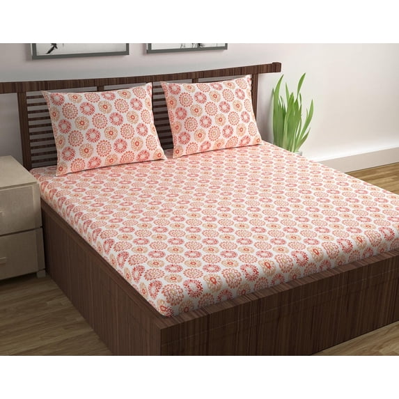 100% Pure Cotton Double Bedsheet For Queen With 2 Pillow Covers - 87 X 100 Inches, Orange & White | Soft & Durable For Everyday Use & Bedroom - All Season Comfort