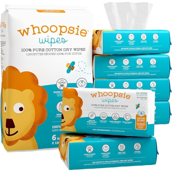 Whoopsie Wipes The Original Ultra-Soft 100% Cotton Dry Baby Wipes | Chemical-Free | Use Wet or Dry| Gentle for Sensitive Skin | Extra Strong and Absorbent (6 Pack, 600 Count)