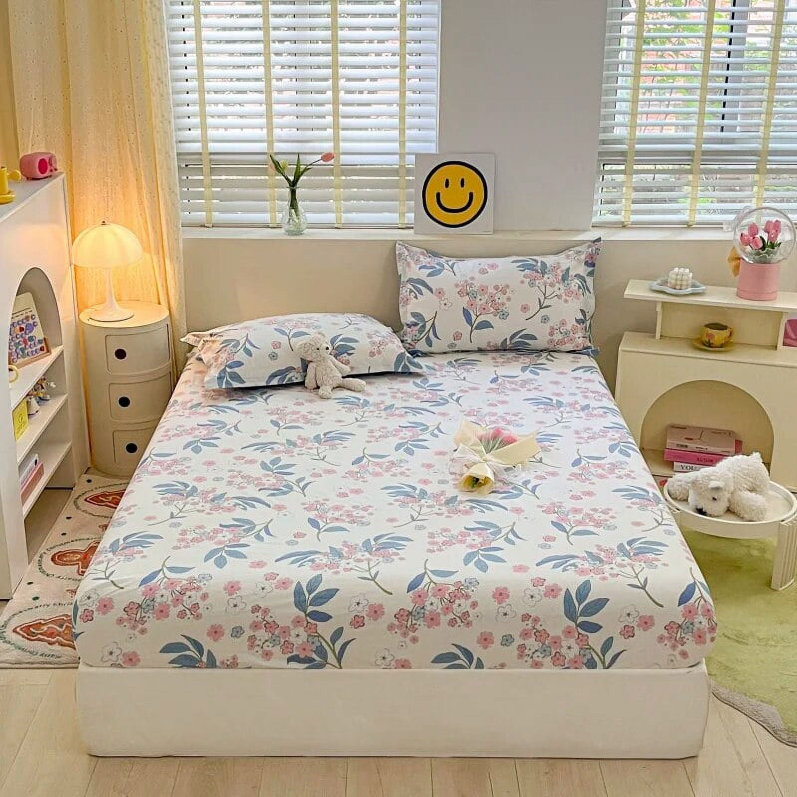 100Pure Cotton Fitted Bed Sheet Sets with Pillowcase Flower Printing