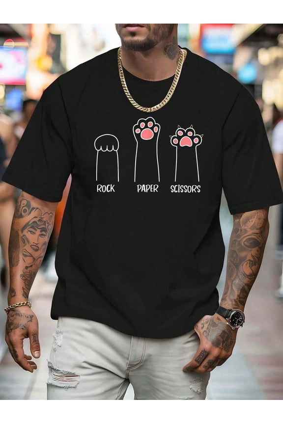 100% Pure Cotton Introvert Cat Animal Rescue Pet Lover Apparel Rock Paper Scissors Hand Game Cute Paw Funny Cat T-Shirts Funny Printed Men's T-Shirt