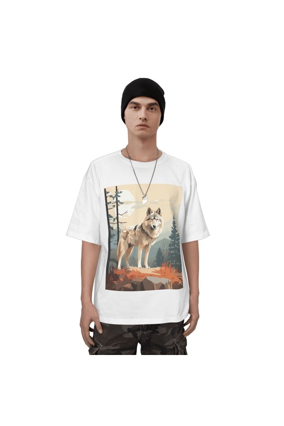 100% Pure Cotton Printed Short Sleeve T-Shirt with Cartoon Wolf Design