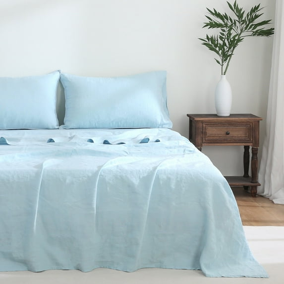 100% Pure French Linen Flat Sheet - Single Piece, Washed, Soft, Breathable, Natural, Eco-Friendly (Blue)