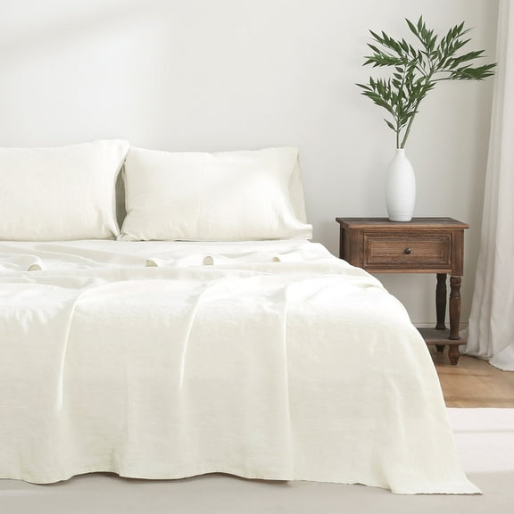 100% Pure French Linen Flat Sheet – Single Piece, Washed, Soft, Breathable, Natural, Eco-Friendly (Cream)