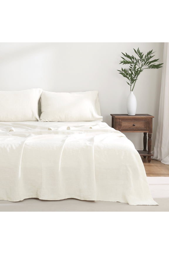 100% Pure French Linen Flat Sheet – Single Piece, Washed, Soft, Breathable, Natural, Eco-Friendly (Cream)