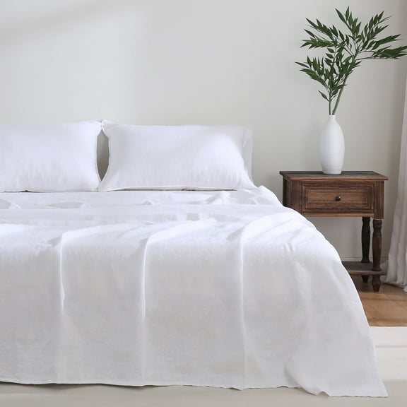 100% Pure French Linen Flat Sheet – Single Piece, Washed, Soft, Breathable, Natural, Eco-Friendly (White)