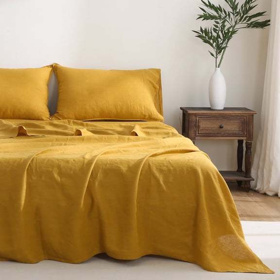 100% Pure French Linen Flat Sheet – Single Piece, Washed, Soft, Breathable, Natural, Eco-Friendly (Yellow)