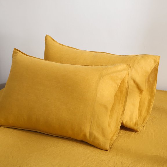 100% Pure French Linen Pillowcases Soft & Breathable Pillow Case Set of 2 - Yellow 20x26 Inch