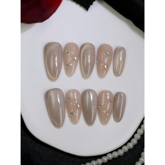 100% Pure Handmade Press On Nails 10pcs Almond Nail Tips Apricot Shiny Glossy Cat's Eye Manual Nail With Glitter Rhinestones Nail Charms Fake Nail Tips Reusable For Four Seasons Nail Art Design