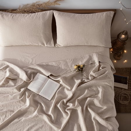 100% Pure Linen Sheet Set Deep Pocket Up to 16" Bed Sheets Sets, Natural Flax Beddings Soft, Breathable, Comfortable for All Seasons 4 Pcs Sheet Set Queen Size, Linen