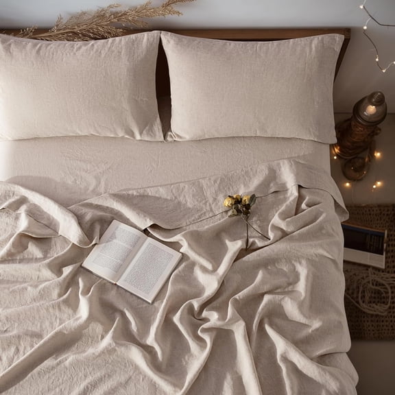 100% Pure Linen Sheet Set Deep Pocket Up to 16" Bed Sheets Sets, Natural Flax Beddings Soft, Breathable, Comfortable for All Seasons 4 Pcs Sheet Set Queen Size, Linen