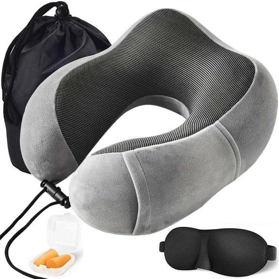 100% Pure Memory Foam Neck Pillow, Comfortable & Breathable Cover, Machine Washable, Airplane Travel Kit with Eye Masks, Earplugs, and Luxury Bag, Standard (Gray)