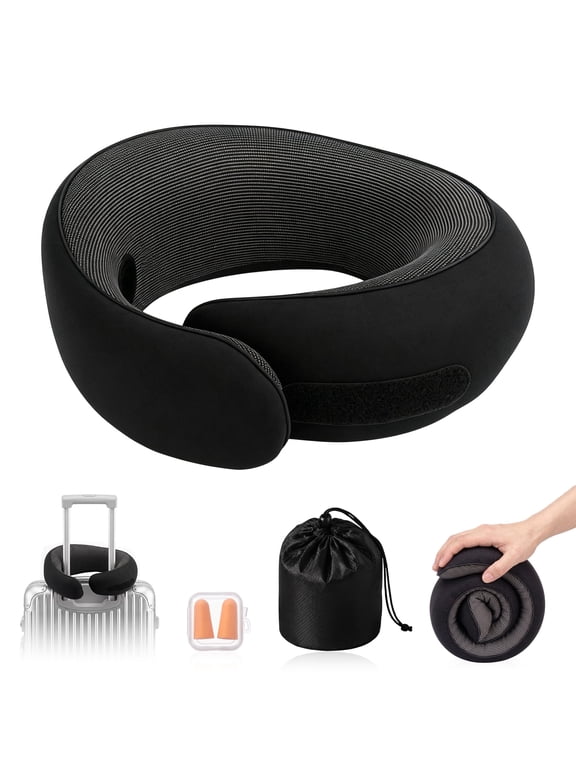 100% Pure Memory Foam Neck Travel Pillows, 360° Support Stowable U-Shaped Sleeping Snail Pillow for Airplanes