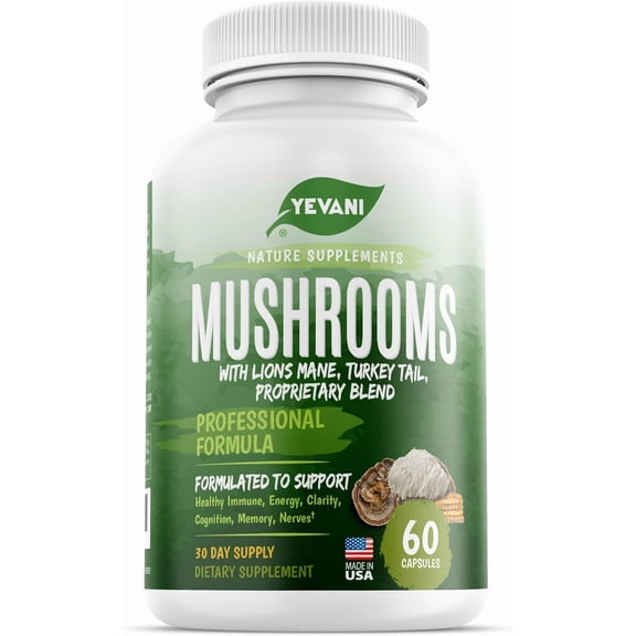 100% Pure Mushroom Supplement Lions Mane, Cordyceps, Reishi, Turkey Tail for Immune Support, Energy, Cognitive Function, Memory & Nervous System Health