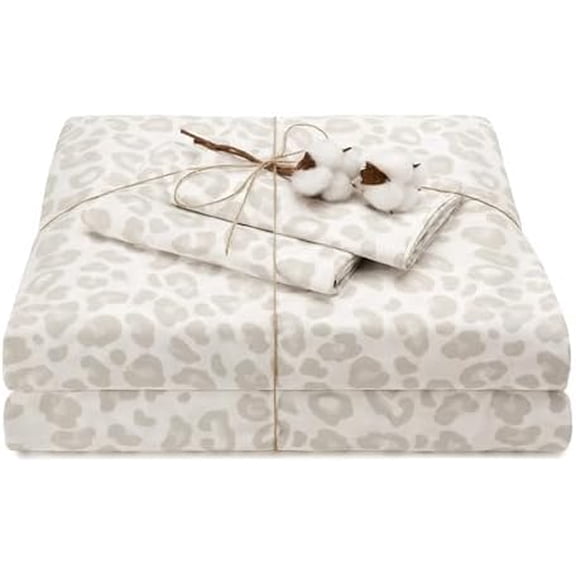100% Pure Organic Cotton Sheets Set Full Size - Leopard Beige Pattern Print Super Soft Sheet - 4 Piece Set - Fitted Sheet, Flat Sheet & 2 Pillow Covers - Full$$Bedding