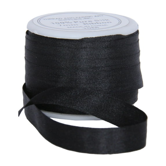100% Pure Silk Ribbon by Threadart - 7mm Black - No. 002 - 3 Sizes - 50 Colors Available
