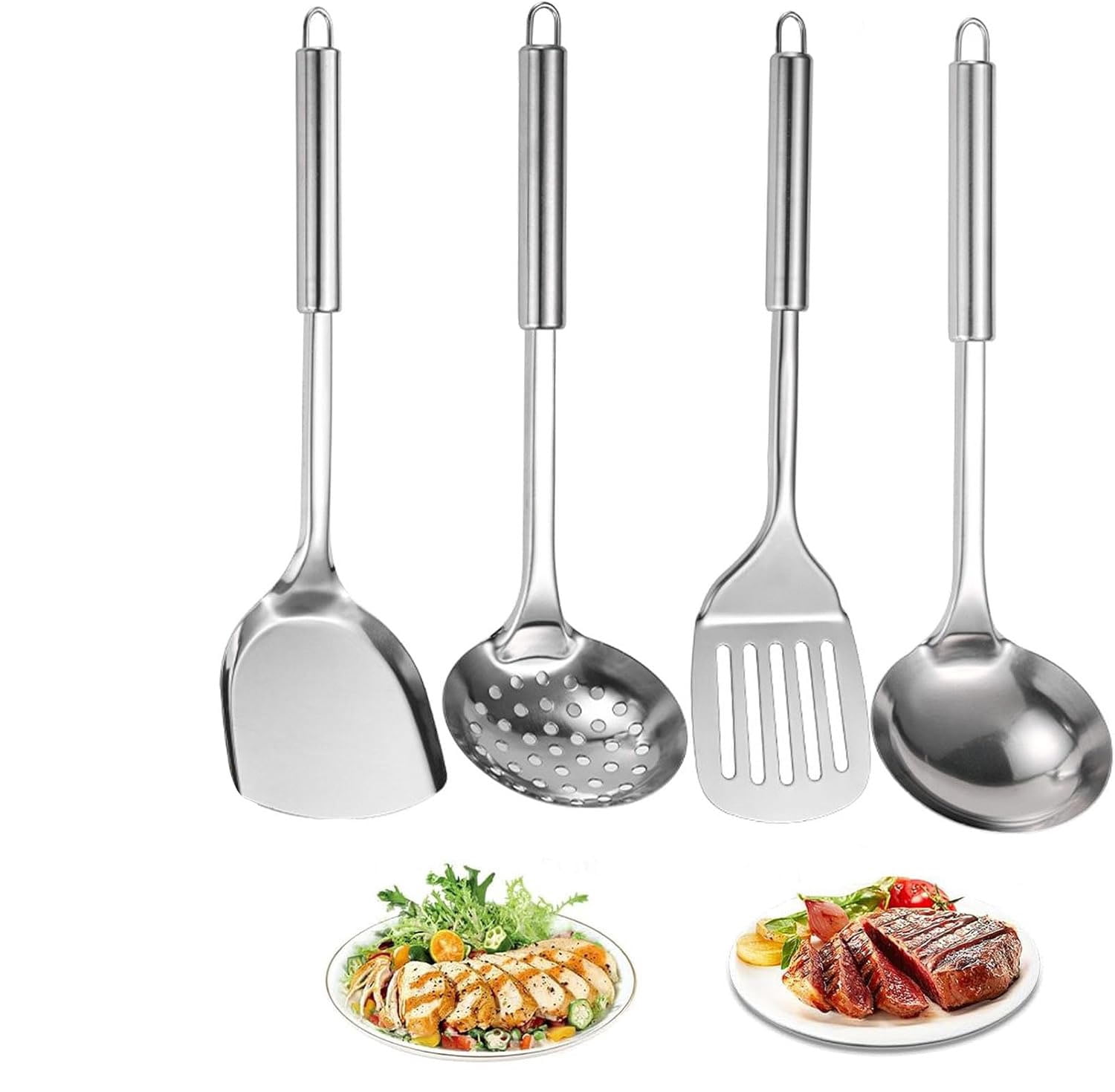 100% Pure Titanium Spatula/Utensils, Titanium Cooking Spatula, 4-Pcs Cooking Utensils Set Include Wok Ladle, Slotted Spoon, Wok Spatula and Slotted Spatula
