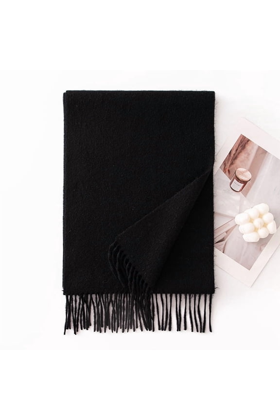 100% Pure Wool Solid Color Scarf - Luxury Winter Wrap with Elegant Fringe, Soft Warm Unisex Shawl for Women and Men,180*30,1