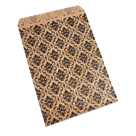 100 Qty 5" x 7" Decorative Flat Paper Gift Bags - Damask Pattern on Brown Kraft Bags - for Sales/Treats/Parties Cookies/Gifts - N'icePackaging
