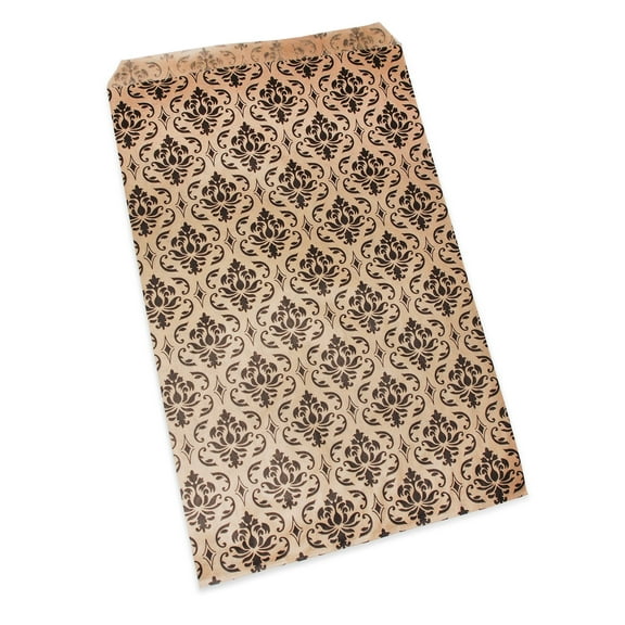 100 Qty 6" x 9" Decorative Flat Paper Gift Bags - Damask Pattern on Brown Kraft Bags - for Sales/Treats/Parties Cookies/Gifts - N'icePackaging