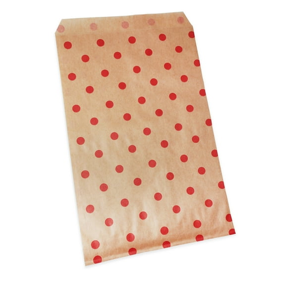 100 Qty 6" x 9" Decorative Flat Paper Gift Bags - Red Polka-Dot on Brown Kraft Bags - for Sales/Treats/Parties Cookies/Gifts - N'icePackaging