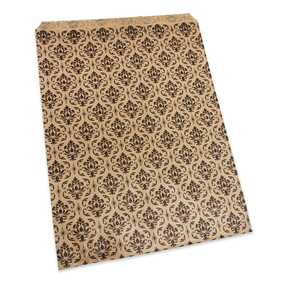 100 Qty 8.5" x 11" Decorative Flat Paper Gift Bags - Damask Pattern on Brown Kraft Bags - for Sales/Treats/Parties Cookies/Gifts - N'icePackaging