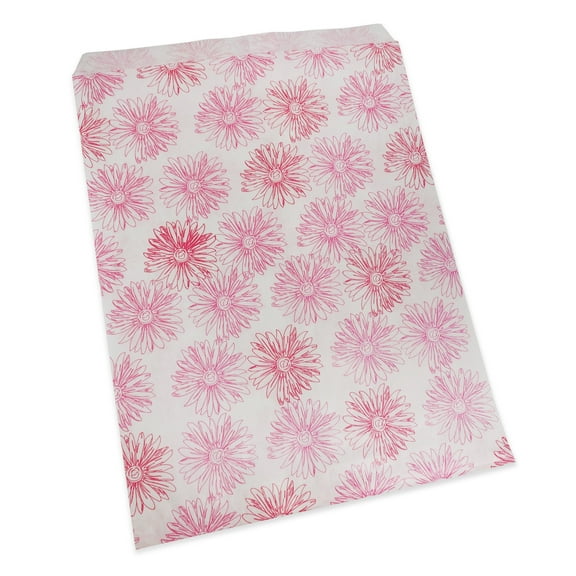 100 Qty 8.5" x 11" Decorative Flat Paper Gift Bags - Pink Flower Pattern on White Bags - for Sales/Treats/Parties Cookies/Gifts - N'icePackaging