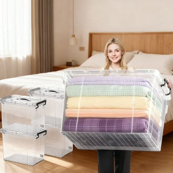 90 Quart Heavy Duty Clear Storage Bins 12-Pack, Stackable Plastic Organizing Containers with Secure Latching Lids, BPA-Free Storage Box for Home, Office, Closet, Pantry & Bathroom Organization