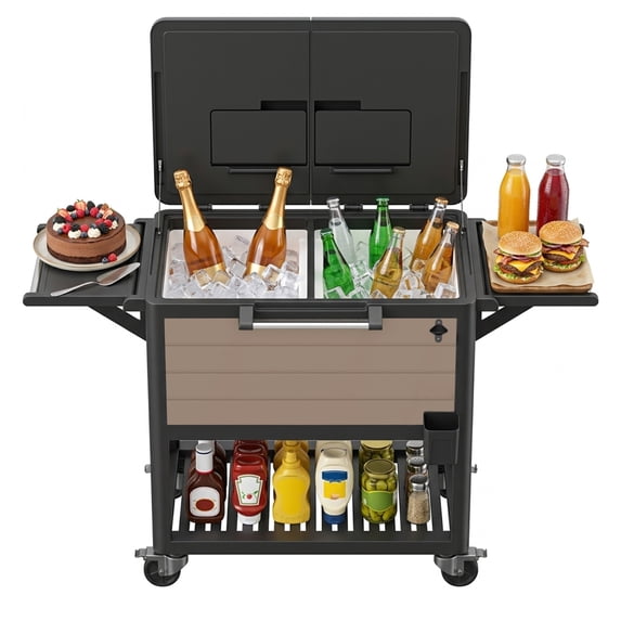 100 Quart Rolling Cooler Cart with Bottle Opener Drainage, Portable Patio Cooler Rolling on Wheels, Outdoor Rolling Beverage Cart Drink Cooler for Patio Pool Deck Party BBQ Cookouts