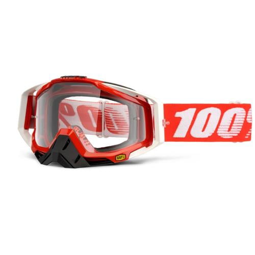 100% Racecraft Goggles Fire Red Frame Clear Lens Red/White Strap