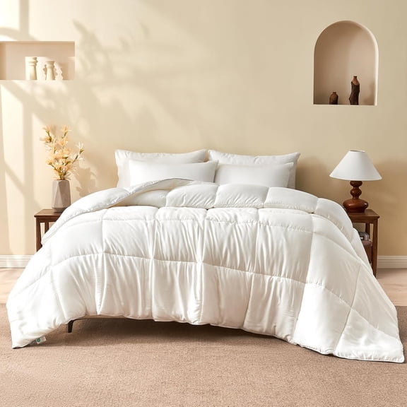 100% Rayon from Bamboo Fabric Comforter Queen Size, 10% Silk-Infused Fill, ClimaSilk Ultra-Soft Down-Alternative Duvet Insert with Corner Tabs, White, 90x90