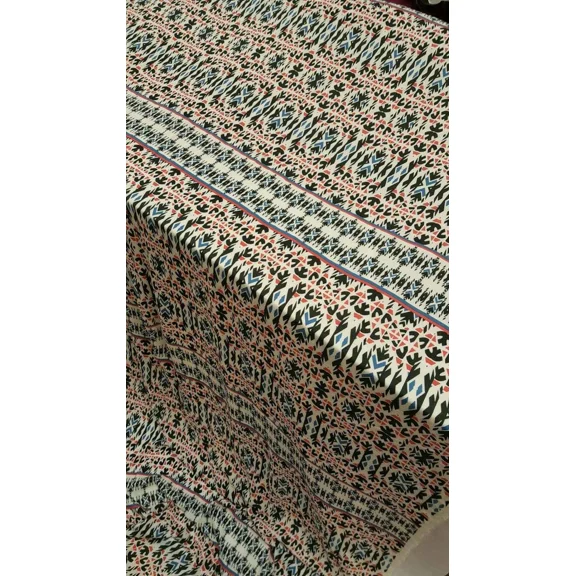 100% Rayon Challis Geometric Textured Blue Hues Whites Black Fabric By Yard