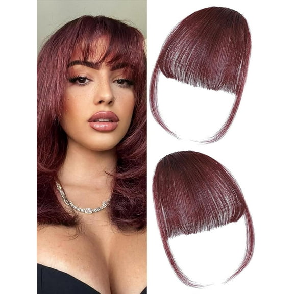 100% Real Human Hair Extensions Wispy Clip in Burgundy Fake Bangs Hair Clip on for women Fringe with Temples Hairpieces Faux Bangs for Daily Wear