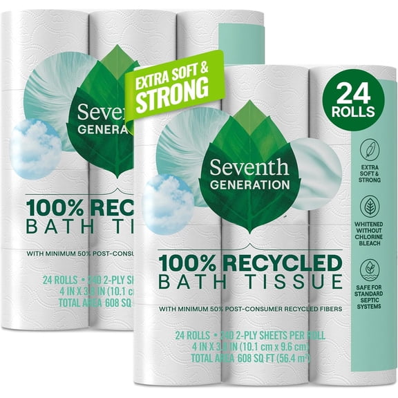 100% Recycled 2-Ply Bath Tissue, 2 Pack x 12 Rolls of 240 Sheets, Extra Soft, Strong for Home & RV, Whitened without Chlorine Bleach, No Dyes, Fragrances, Septic Safe