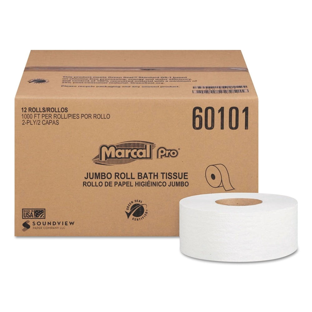 Marcal Pro 100% Recycled Bathroom Tissue Septic Safe, 2-Ply, White, 3.3 x 1000 ft, 12 Rolls/Carton