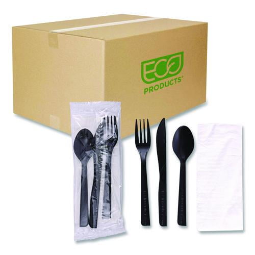 100% Recycled Content Cutlery Kit, Heavyweight Fork/Knife/Soup Spoon/Spoon, Plastic, Black, 250/Cart | Bundle of 2