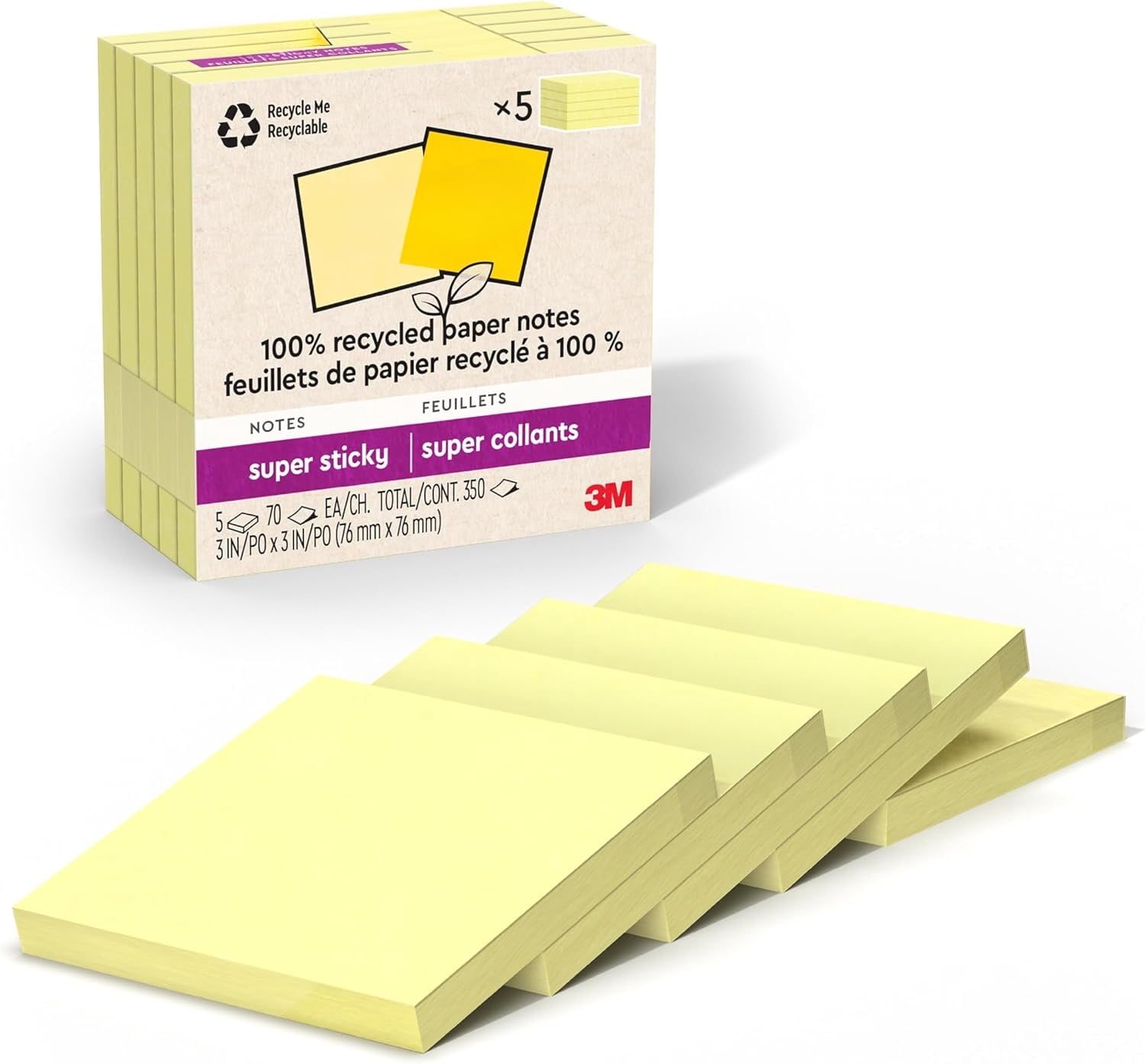 10 Paper Sticky Note 100% Recycled Paper Super Sticky Notes, 2X The Sticking Power, 3x3 in ...