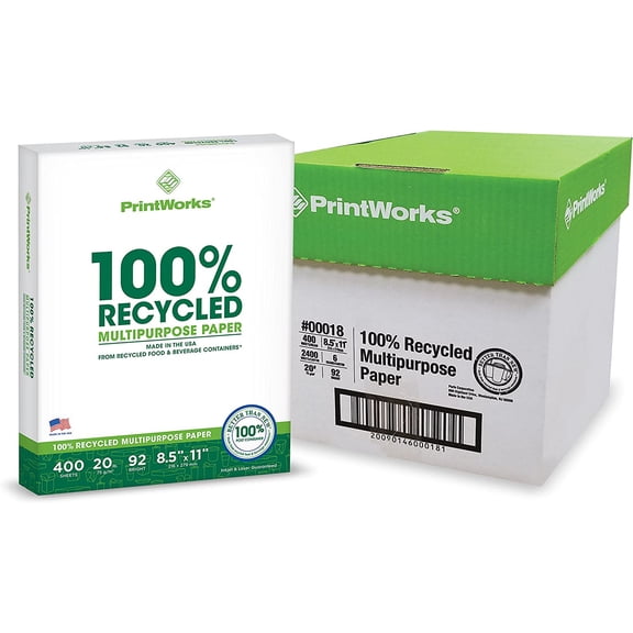 100% Recycled Printer Paper 8.5" x 11" White - 20 lb Copy & Multipurpose Computer Paper - 6 Packs, 2400 Sheets - Made in the USA - 92 Bright - Printer & Copier Compatible (00018C)