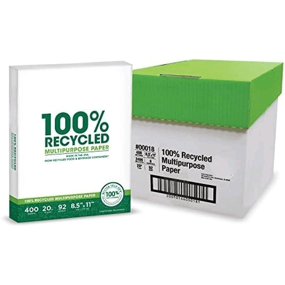 100% Recycled Printer Paper 8.5" x 11" White - 20 lb Copy & Multipurpose Computer Paper - 6 Packs, 2400 Sheets - Made in the USA - 92 Bright - Printer & Copier Compatible (00018C)$$Office