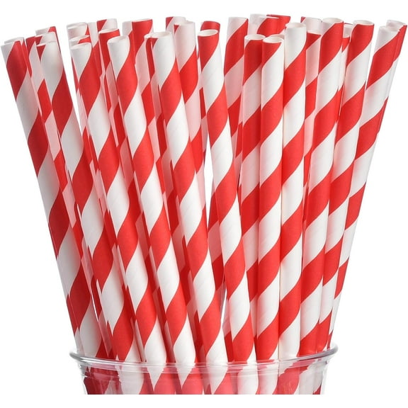 100 Red Straws, Biodegradable Red and White Striped Paper Straws for Party, Events, Crafts, Brithday, Baby Bridal Shower, Christmas Decoration Supplies