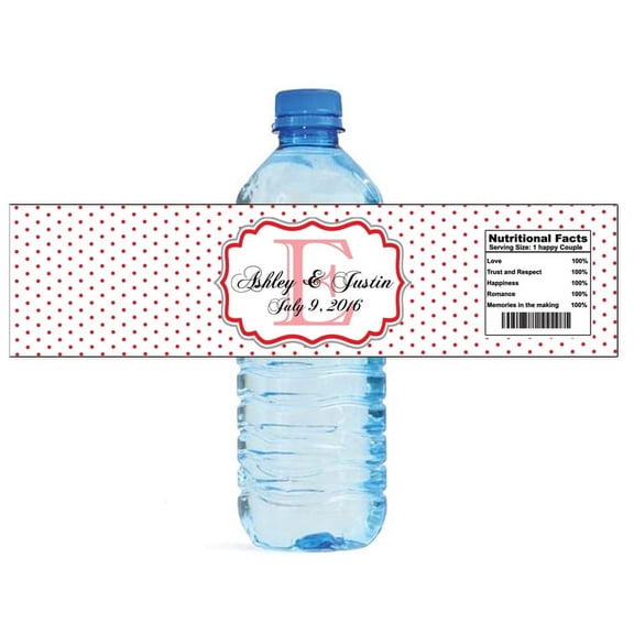 100 Red Swiss Dots Monogram Wedding Water Bottle Labels Engagement Party Special Occasion