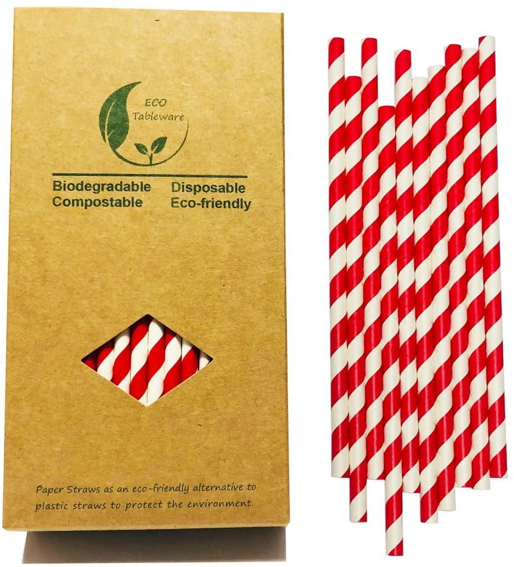100 Red and White Paper Straws Bulk Biodegradable, Compostable
