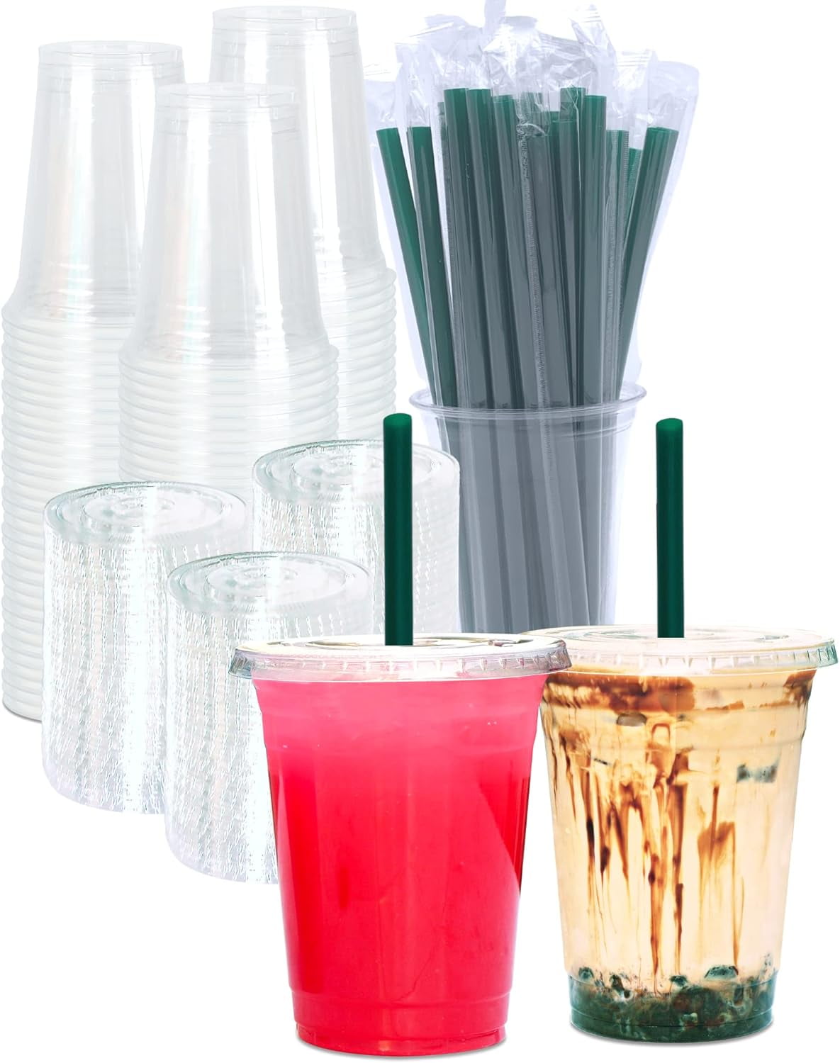 [100 SETS] 16 oz Clear Plastic Cups with Lids and STRAWS, Disposable