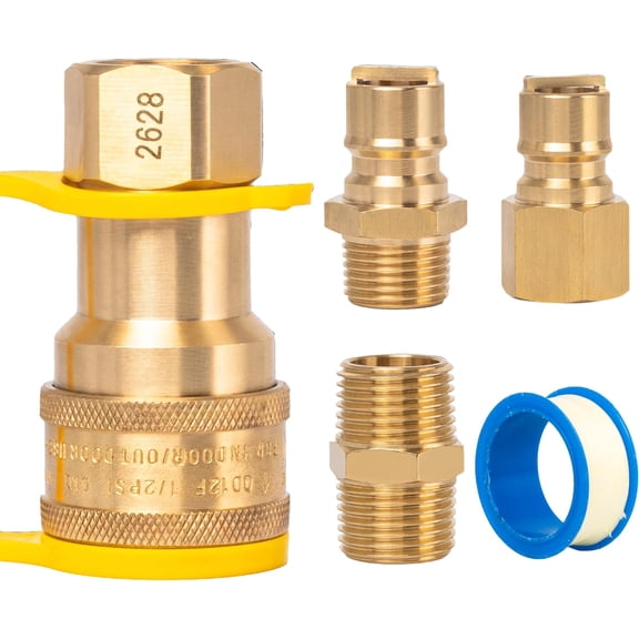 [100% SOLID BRASS] 1/2 Inch QDD LP Natural Gas Quick Connect Fittings Kit, 1/2" Natural Propane Gas Hose Quick Connect Disconnect Plug Set, with Dust Cover for Gas Grill Heater Generator RV